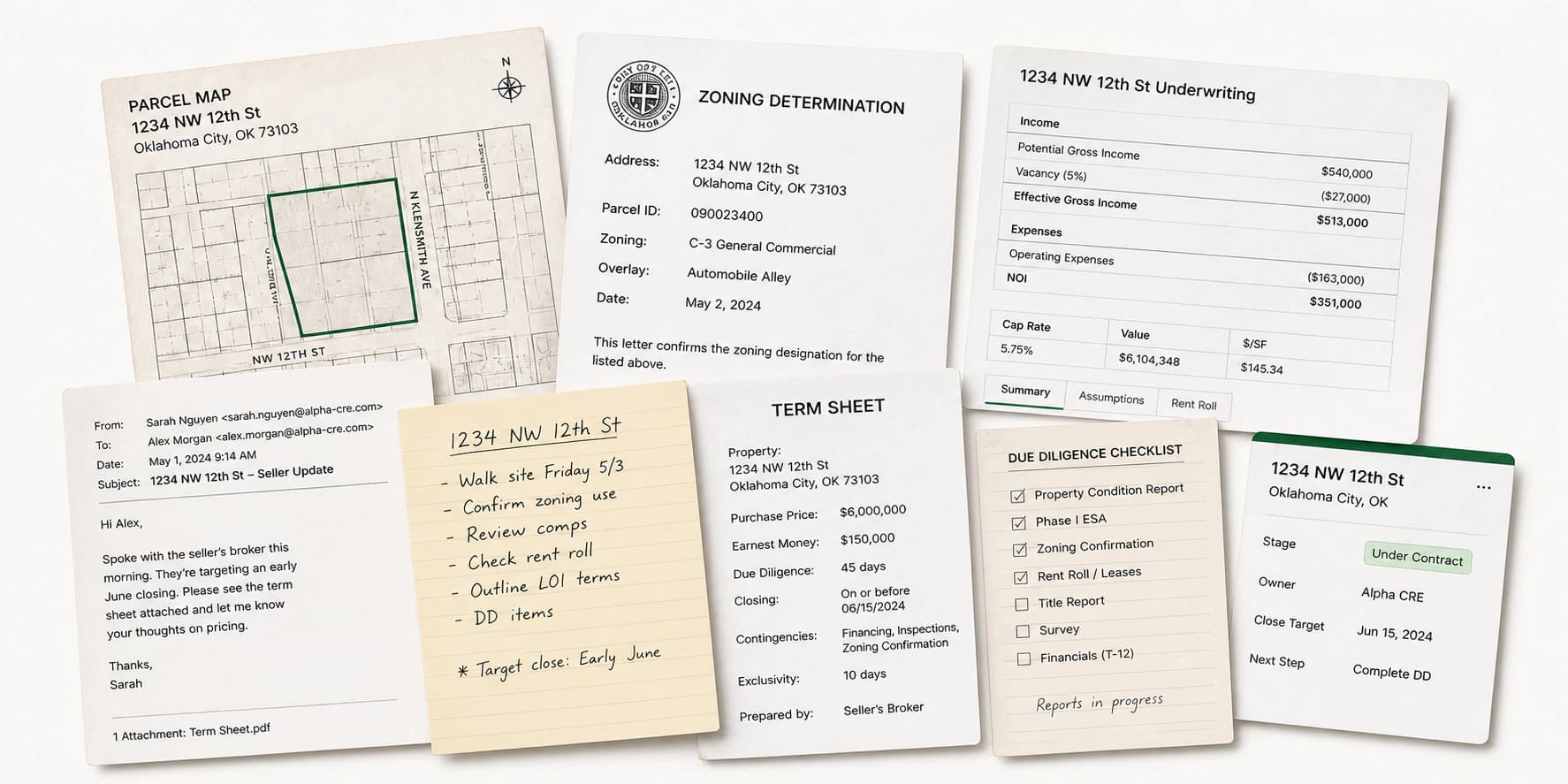 A parcel map, zoning determination, underwriting model, email, notes, term sheet, due diligence checklist, and opportunity status scattered across one deal